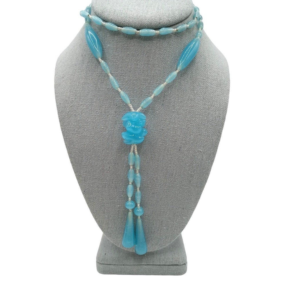 Vintage Blue Art Glass Beaded Lariat Necklace Tassel Black Swirl Clear Spacer Be